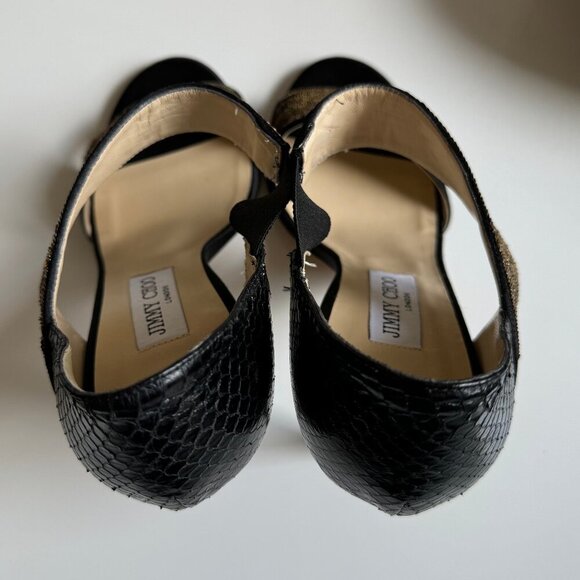 Jimmy Choo Black Satin Tallow Gold Sequin Open Toe Heel Sandals 41 - Picture 6 of 7